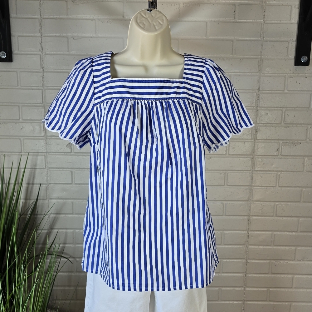 Talbots Blue and White Striped Square Neck Blouse Small Petite